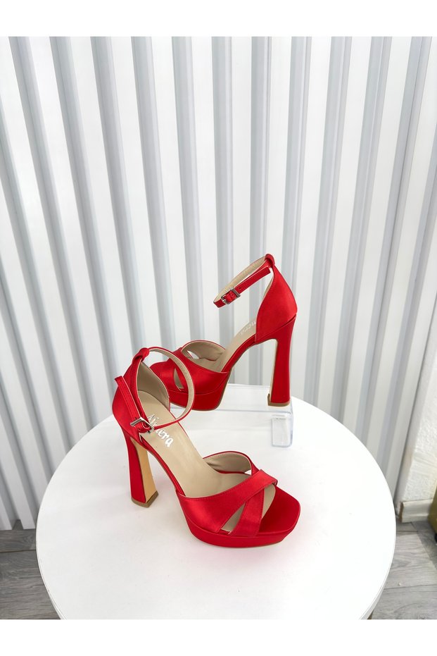 Red Satin Thick Heeled Evening Dress Shoes