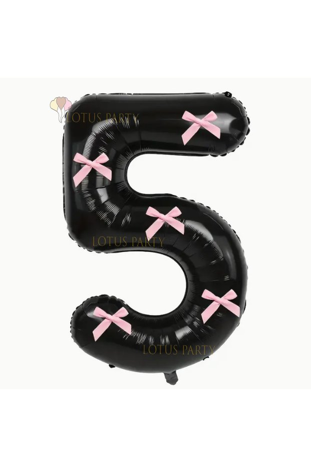Black Number Balloon with Pink Ribbon - Black Number Pink Bow Balloon Age 5