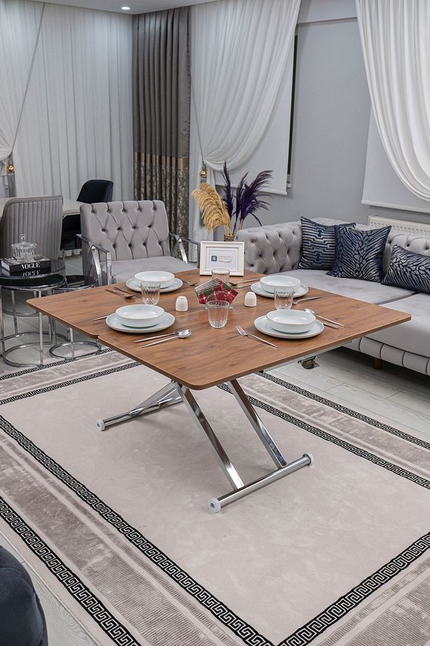 Akıllı Sehpa Home Üst Tabla Mdf Ceviz Oval Köşe Alt Mekanizma Krom Kaplama - 4