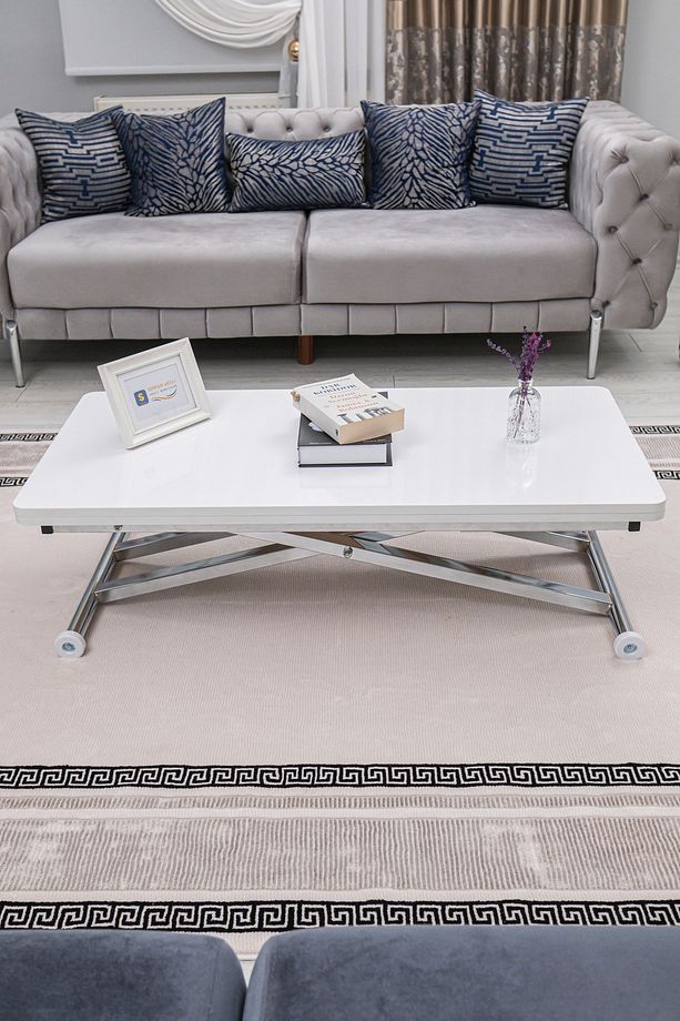 Akıllı Sehpa Home Üst Tabla Mdf Beyaz Oval Köşe Alt Ayak Krom Kaplama - 3