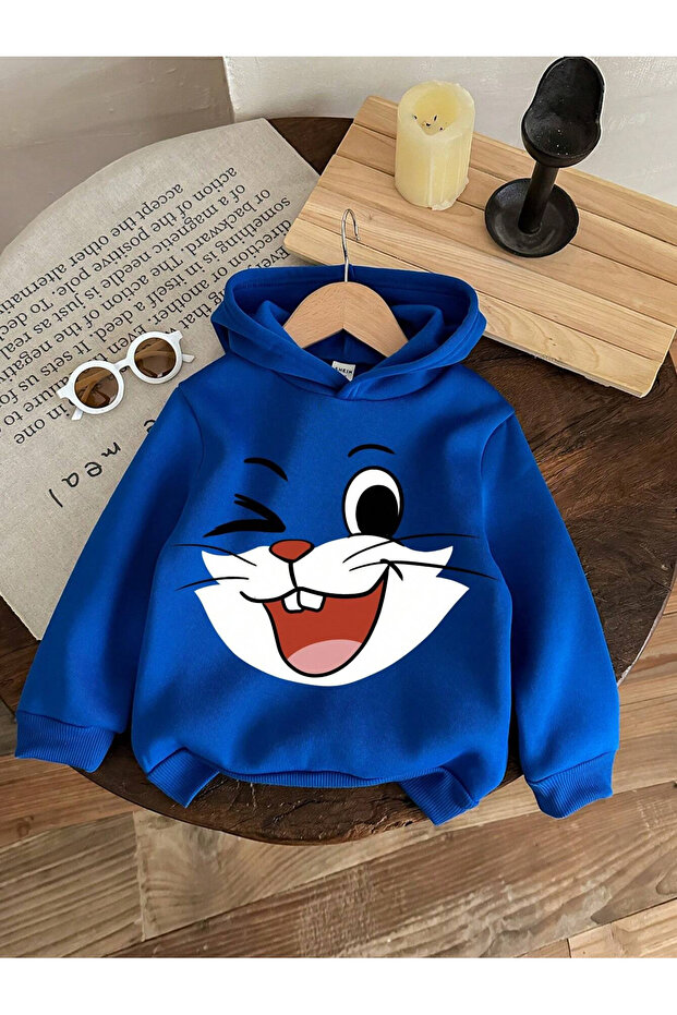 DUBU BUTİK Tavşan Baskılı Pamuklu Çocuk Sweatshirt - Sax Mavi Baskılı Kız Erkek Çocuk Kışlık Kapüşonlu