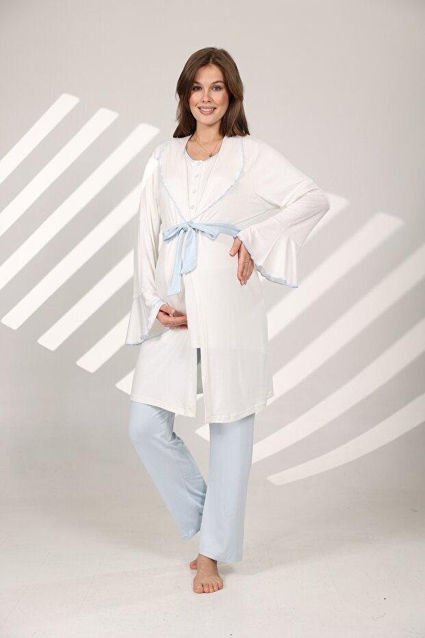 Women's Blue Ruffled Special Design Short Sleeve 100% Cotton Maternity Robe Pajama Set