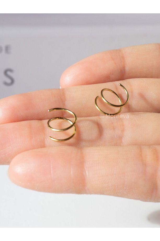 Cerrahi Çelik Tek Delikte Çoklu Çift Görünümlü Spiral Halka Hızma Piercingi (2 Adet) (Altın Renk) - 7