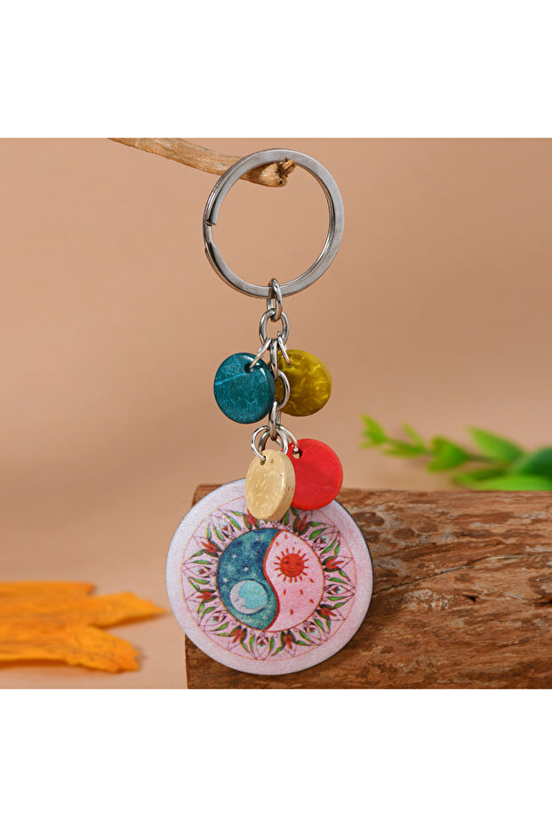 Ethnic Authentic Moon Sun Pattern Natural Coco Nut Keychain Made of Coconut Shell