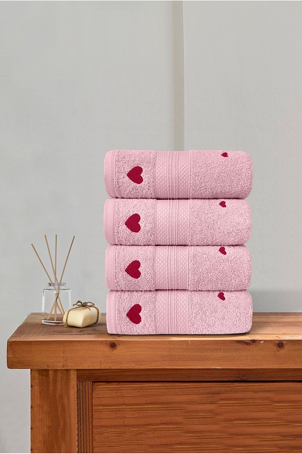 Luv 4'lü Havlu Seti %100 Pamuk Sertifikalı, Kalpli Nakışlı El Yüz Mutfak Havlusu 50x80cm Model4 - 3