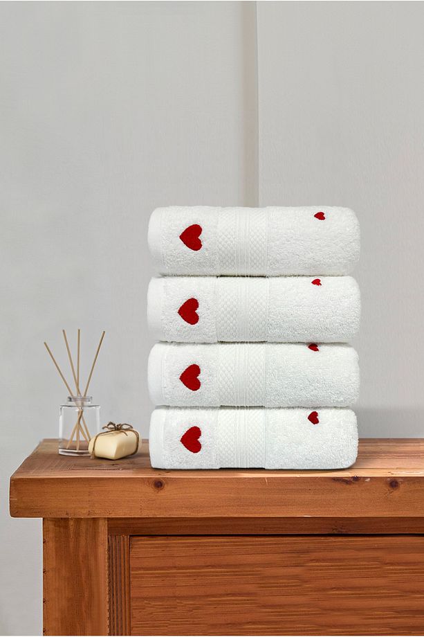 Luv 4'lü Havlu Seti %100 Pamuk Sertifikalı, Kalpli Nakışlı El Yüz Mutfak Havlusu 50x80cm Model5 - 3