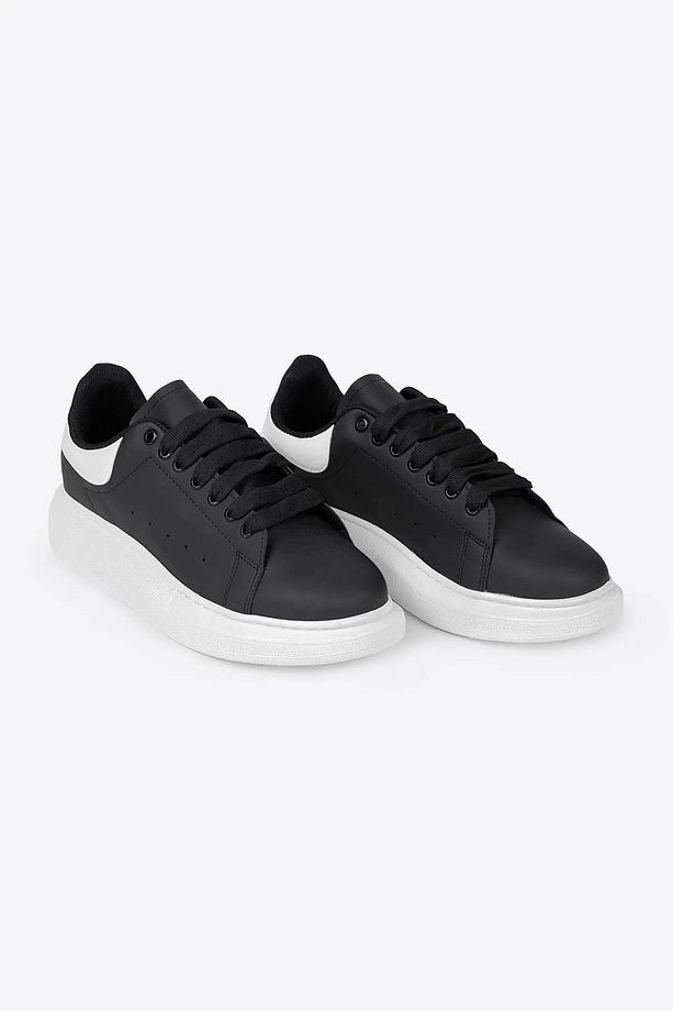 Siyah Deri Bağcıklı Yüksek Tabanlı Erkek Sneaker - 1