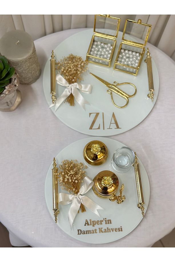 İsimli Gold Cam Söz Nişan Tepsi Seti Damat Kahve Fincan Tepsisi - 1