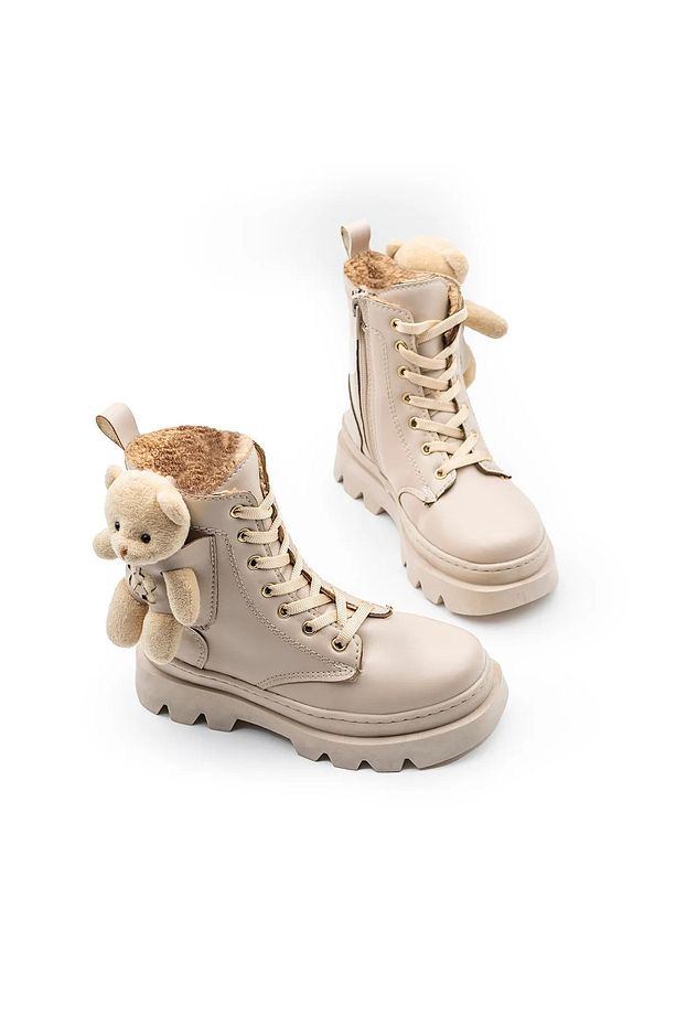 Unisex Erkek-Kız Çocuk Ayıcık Suya Dayanıklı Bağcıklı Kışlık Tüylü İç Astarlı Bot Ayakkabı FK3374 - 4
