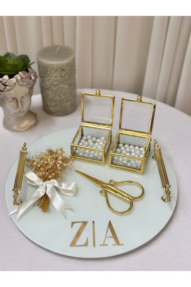 İsimli Gold Cam Söz Nişan Tepsi Seti Damat Kahve Fincan Tepsisi - 4