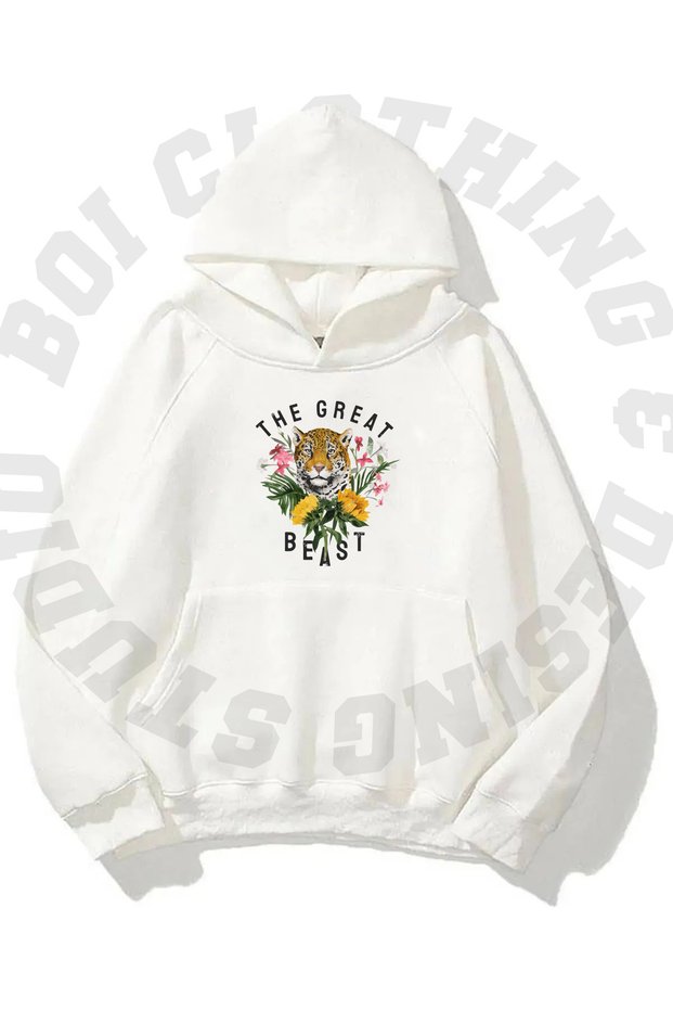 Unisex Tiger Printed Oversize Hooded Pocket Sweatshirt - 3 Thread Raster Hoodie