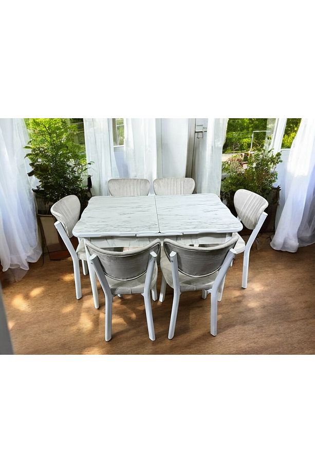 BEYAZ MUTFAK MASA TAKIMI 6KİŞİLİK GLOSS MAX,AHŞAP AYAK (GR) - 6