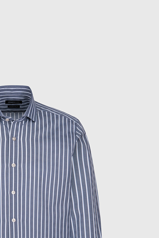 Erkek Beyaz-Lacivert %100 Pamuk Slim Fit Dar Kesim Küçük İtalyan Yaka Çizgili Gömlek - 8