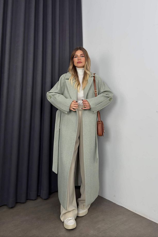 Mint Beyaz Balıksırtı Model Kuşaklı Astarlı Oversize Yün Kaban - 6