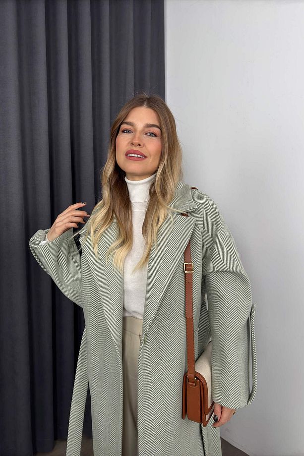 Mint Beyaz Balıksırtı Model Kuşaklı Astarlı Oversize Yün Kaban - 7
