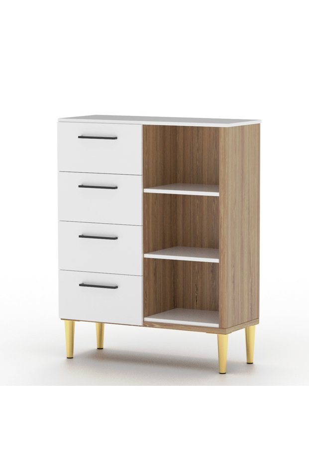 Wooden Chest Drawer with 4 Drawers and 3 Open Shelf Cabinet-White and Brown Kansas Oak