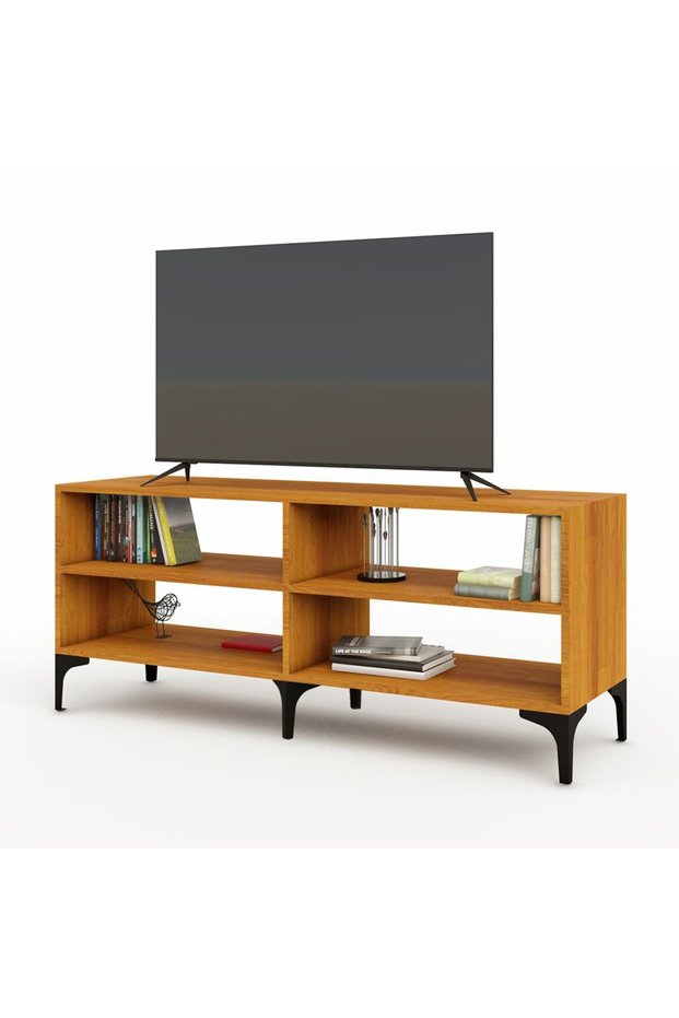 Modern TV Stand with 4 Open Shelves, Monitor and TV Stand for Home and Office- Light Walnut