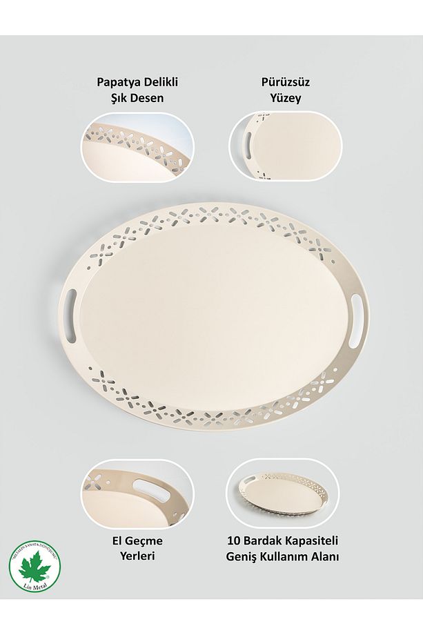 Lalin Tepsi Metal Oval Servis Tepsisi , Romantik Tepsi, Büyük Tepsi, Çay Kahve Tepsisi Krem - 5