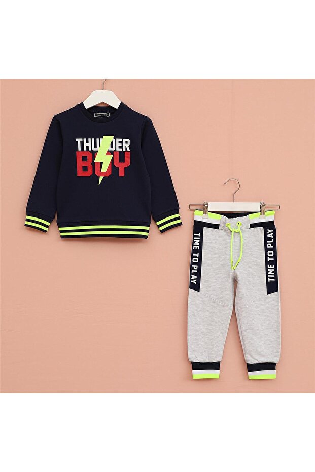 Boy's Long Sleeve Thick Sweatshirt - Pants Bottom - Top Set - 11454 - Navy Blue Melange