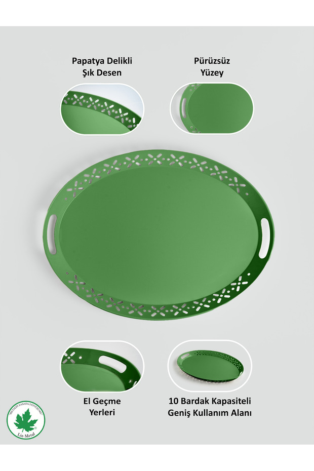 Lalin Tepsi Metal Oval Servis Tepsisi, Romantik Tepsi, Büyük Tepsi, Çay Kahve Tepsisi Yeşil - 6