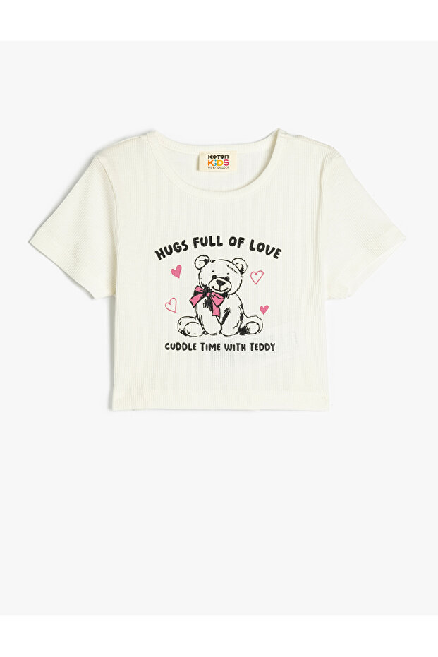 Teddy Bear Print Crew Neck Short Sleeve Cotton T-Shirt