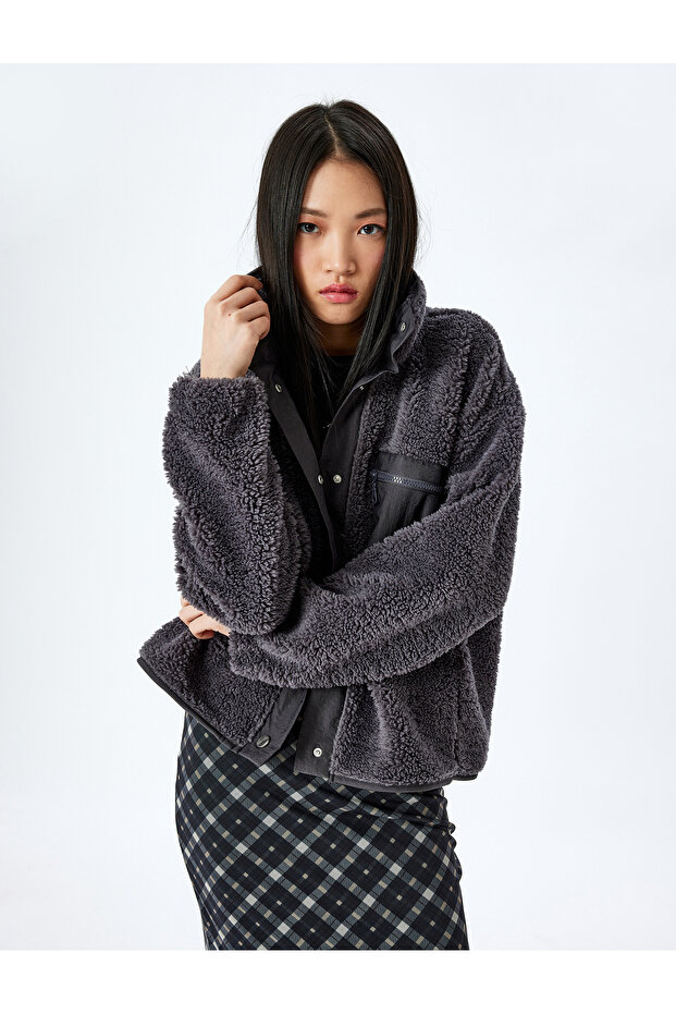 Zippered Stand Collar Oversize Plush Sweatshirt with Pocket Detail