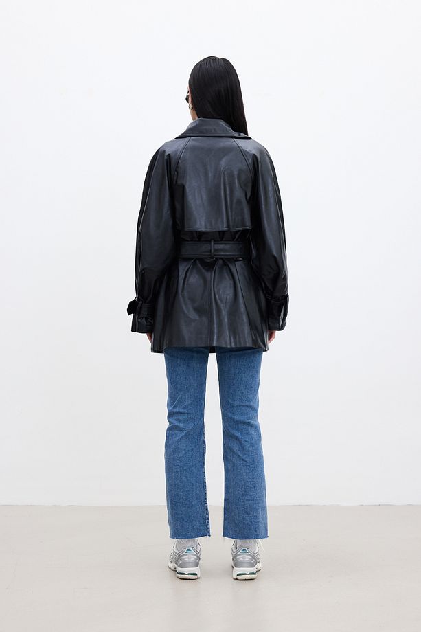 DERİ OVERSIZE TRENÇKOT SİYAH - 7