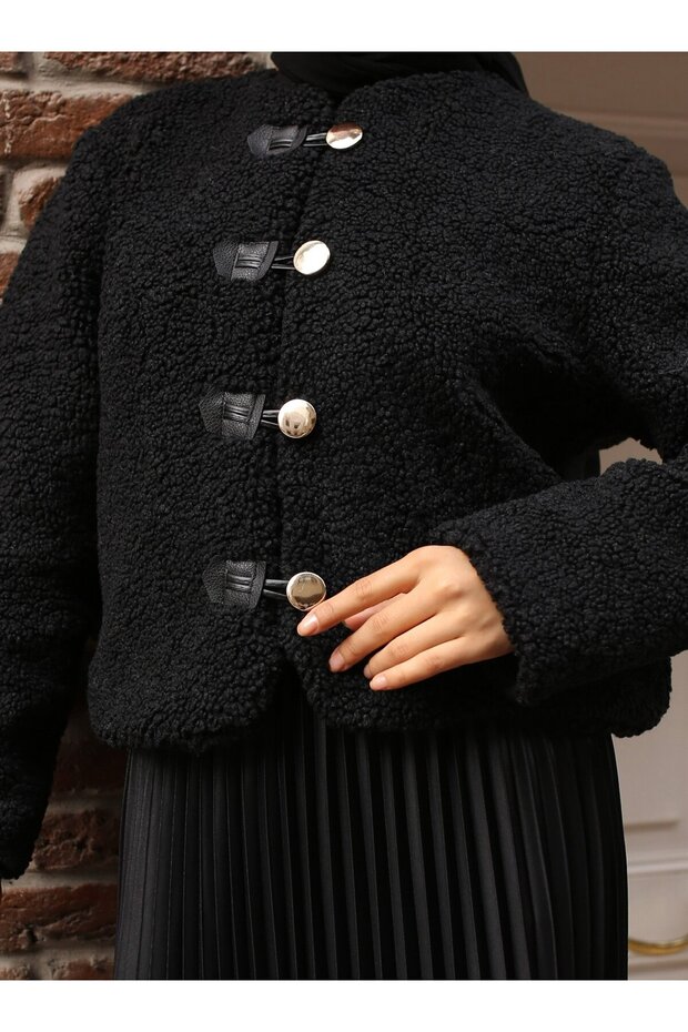 Black Leather Buttonhole Collarless Jacket - Vav - 3