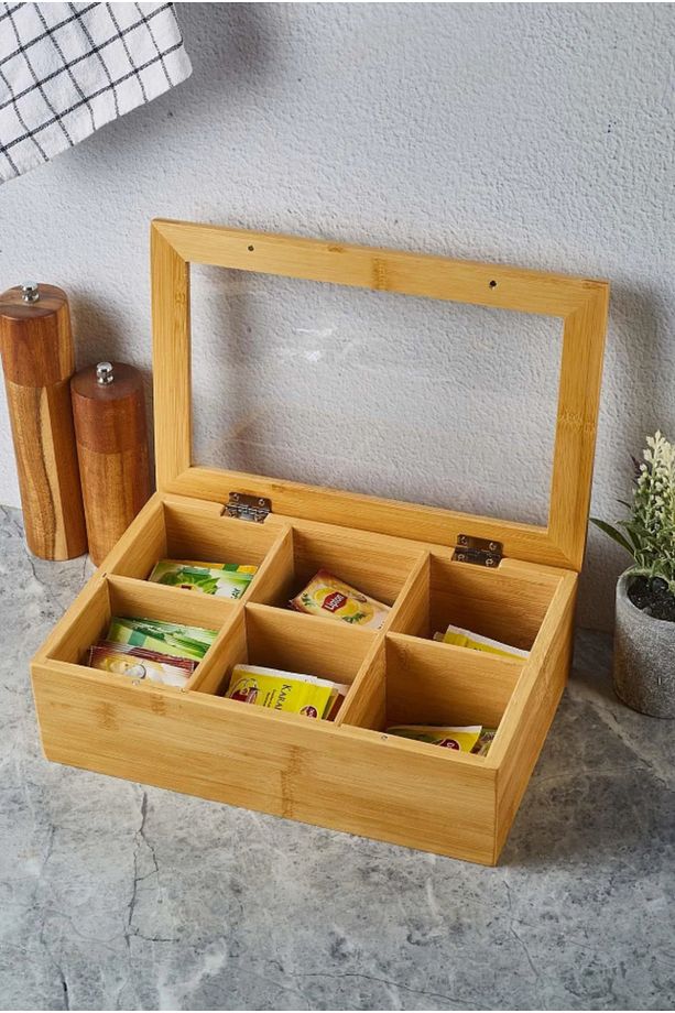 Bambu 6 Bölmeli Çay Kutusu Organizer Kapaklı Bitki Çayı Saklama Kutusu - 1