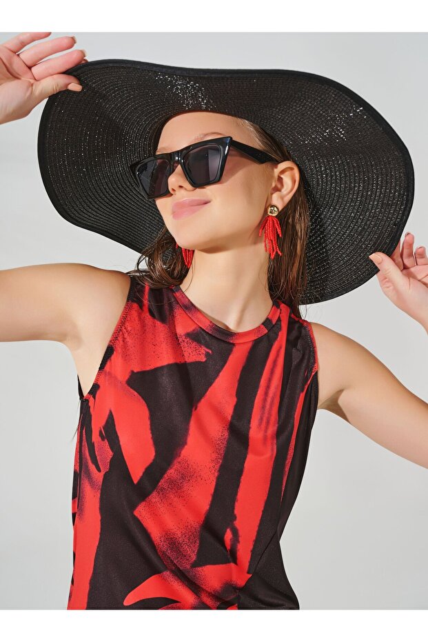 Ruby Patterned Zero Sleeve Semi-Closed Swimsuit - Black - - 2