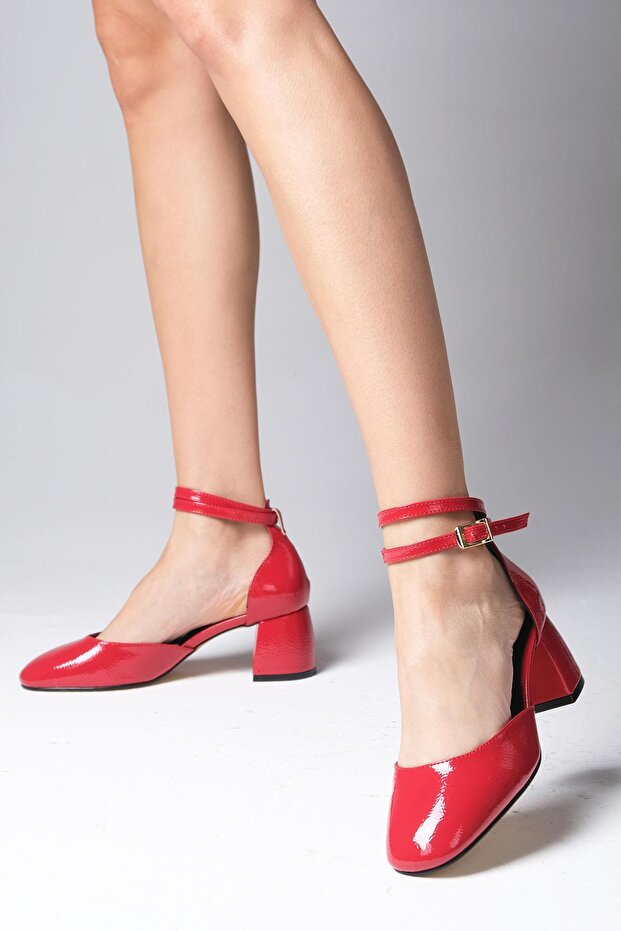 Ida Red Color Thick Heeled Women's Shoes