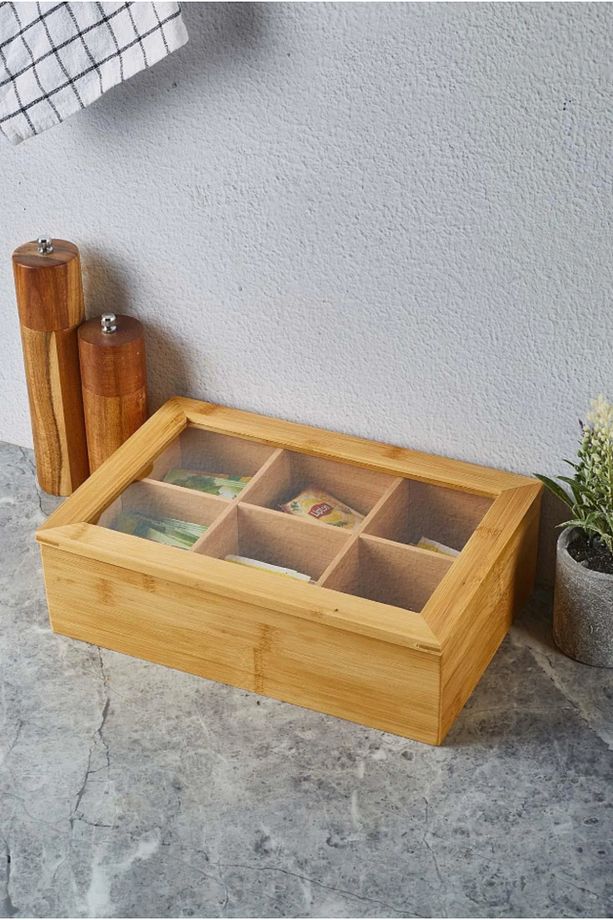 Bambu 6 Bölmeli Çay Kutusu Organizer Kapaklı Bitki Çayı Saklama Kutusu - 2