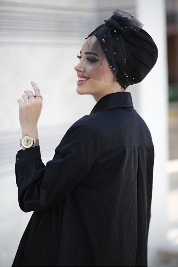 İncili Tül Bone - Siyah - 3