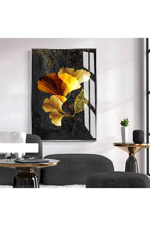 Hari̇kabi̇rev | Gold-Black Leaf Patterned Model 1 | Framed Tempered Glass Table Single Vertical