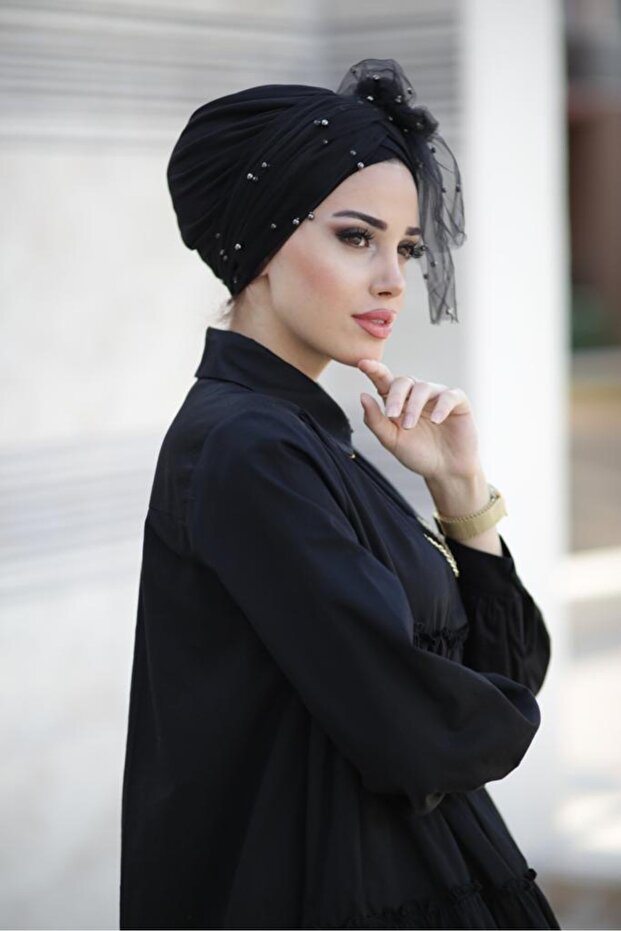 İncili Tül Bone - Siyah - 1