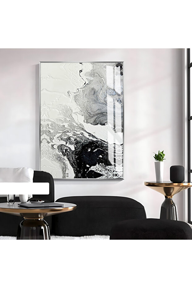 Hari̇kabi̇rev | Black-Gray Wave Pattern Abstract Model 2 | Framed Tempered Glass Table Single Vertical