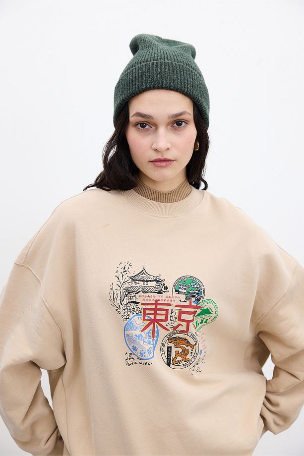 BASKI DETAYLI OVERSIZE SWEATSHIRT CAMEL - 7