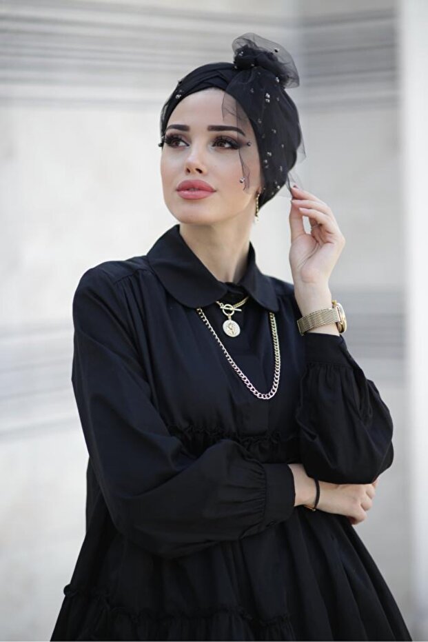 İncili Tül Bone - Siyah - 5