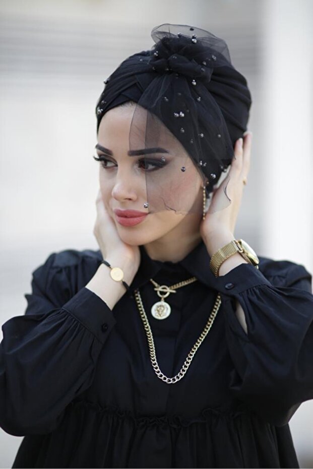 İncili Tül Bone - Siyah - 7