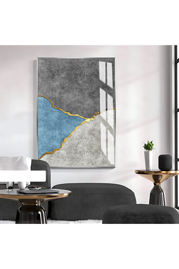Hari̇kabi̇rev | Abstract Gray-Gold-Blue Elegant Loved Pattern 1 | Framed Tempered Glass Table Single Vertical