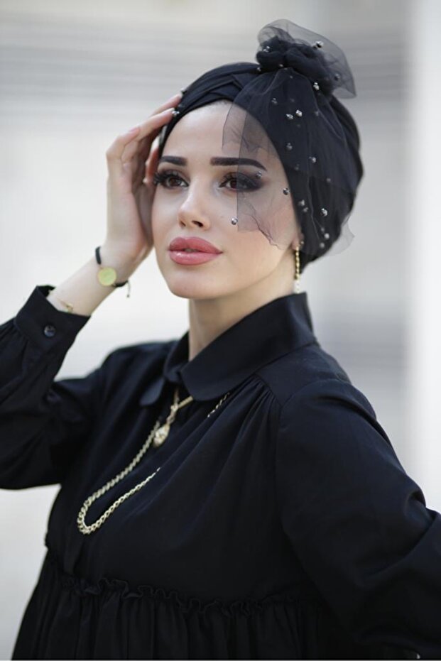 İncili Tül Bone - Siyah - 8