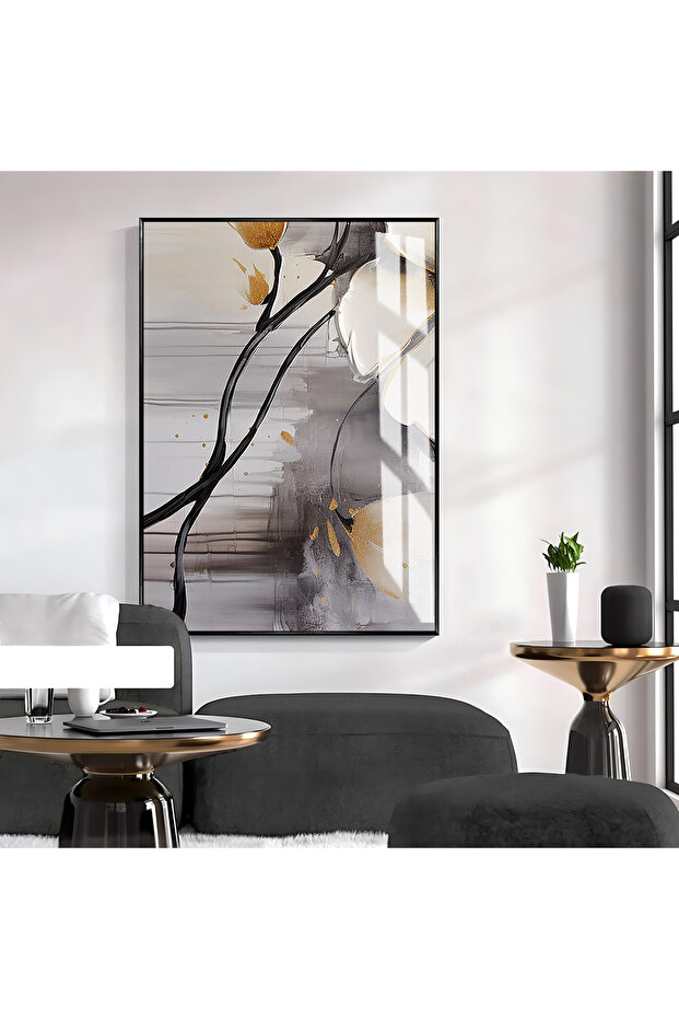 Hari̇kabi̇rev | Grey-Cream-Black Flower Patterned Model 2 | Framed Tempered Glass Table Single Vertical