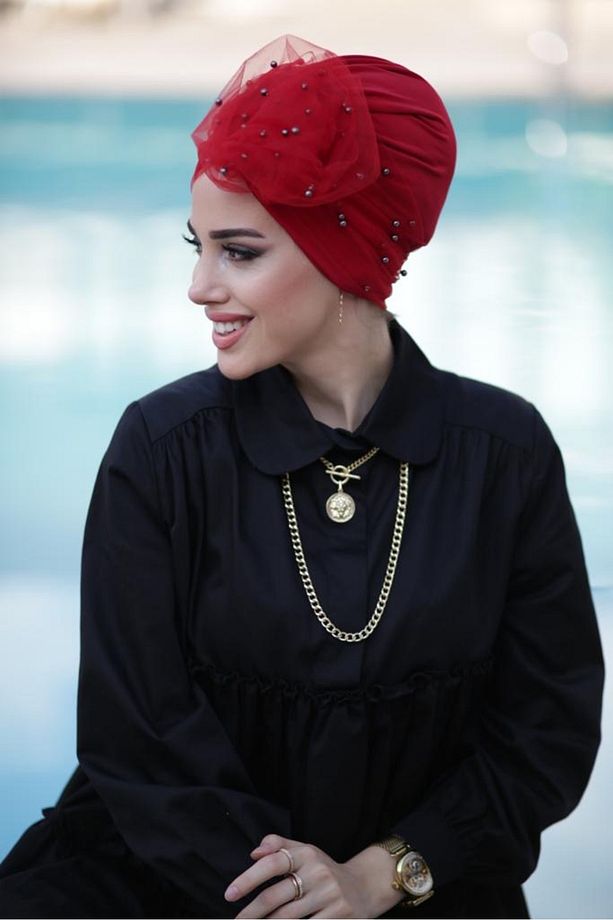 İncili Tül Bone - Kırmızı - 6