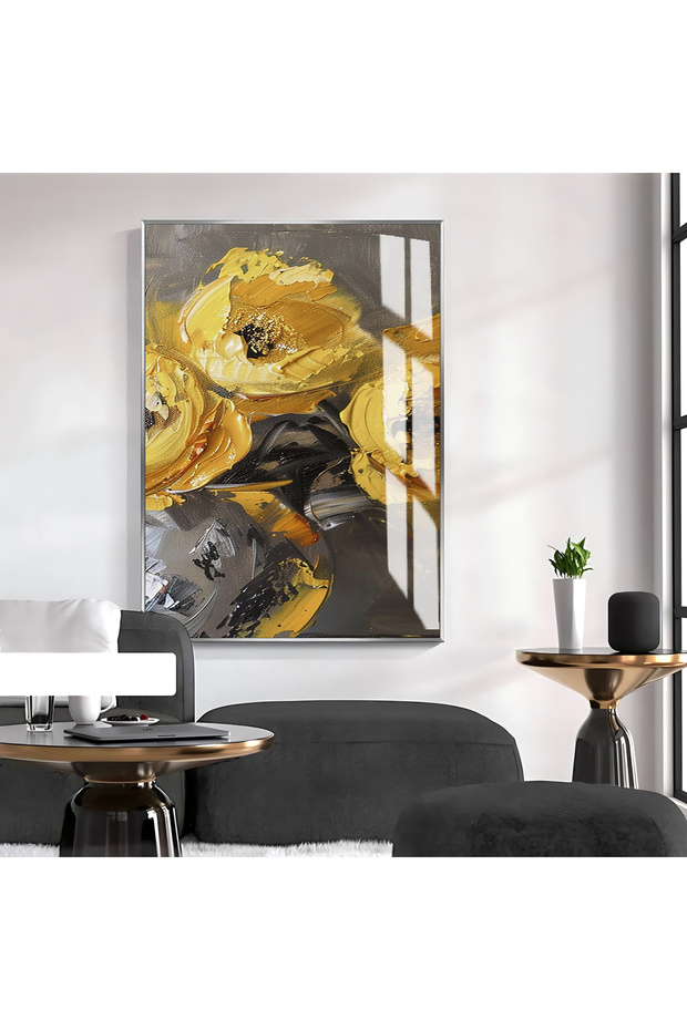 Hari̇kabi̇rev | Soft Gray-Yellow Rose Patterned Model 1 | Framed Tempered Glass Table Single Vertical