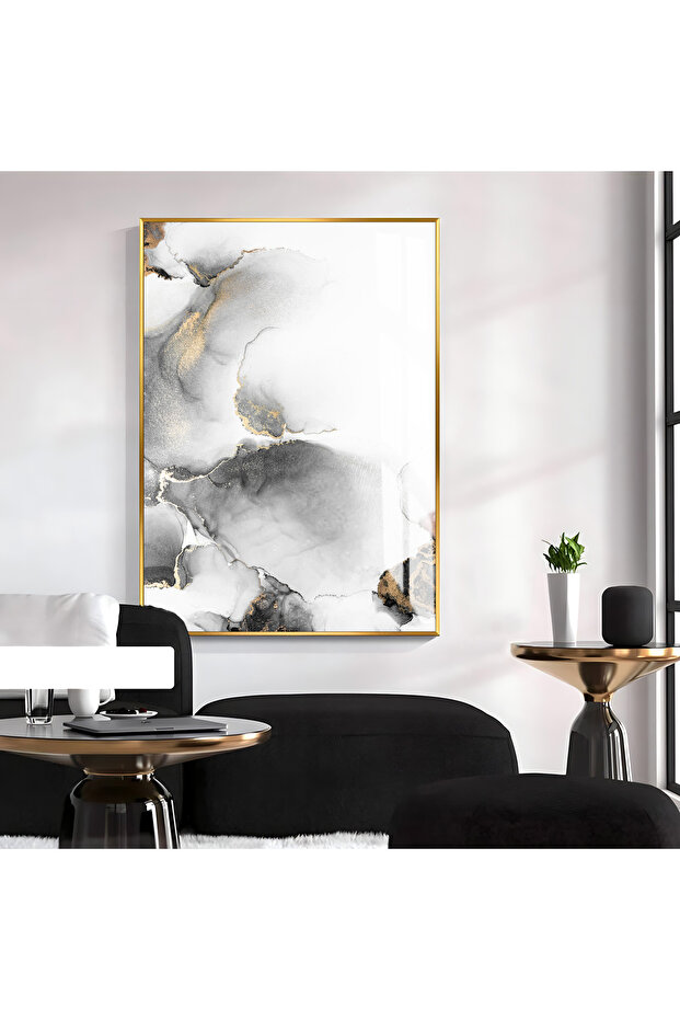 Hari̇kabi̇rev | Abstract Black-White Gold Patterned Model Ii | Framed Tempered Glass Table Single Vertical