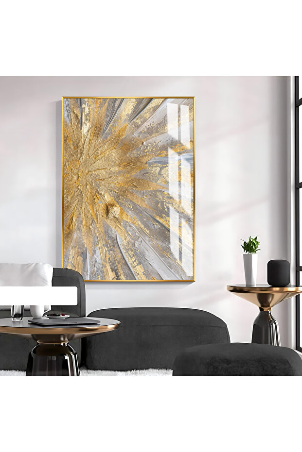 Hari̇kabi̇rev | Gray-Gold Abstract Patterned Model 02 | Framed Tempered Glass Table Single Vertical