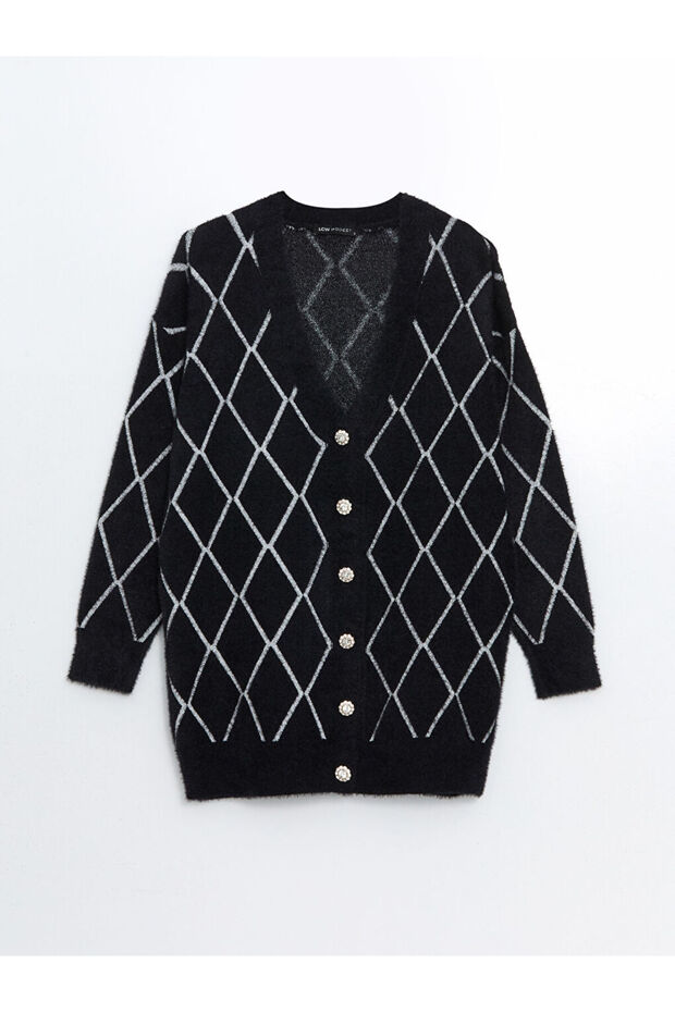 V Yaka Baklava Desenli Kadin Triko Hirka - W4M490Z8 - 1