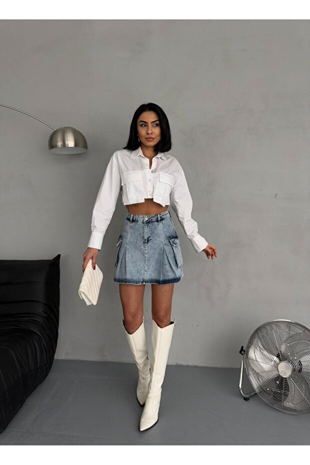 KARGO CEPLİ PİLELİ MİNİ DENIM ETEK - 1