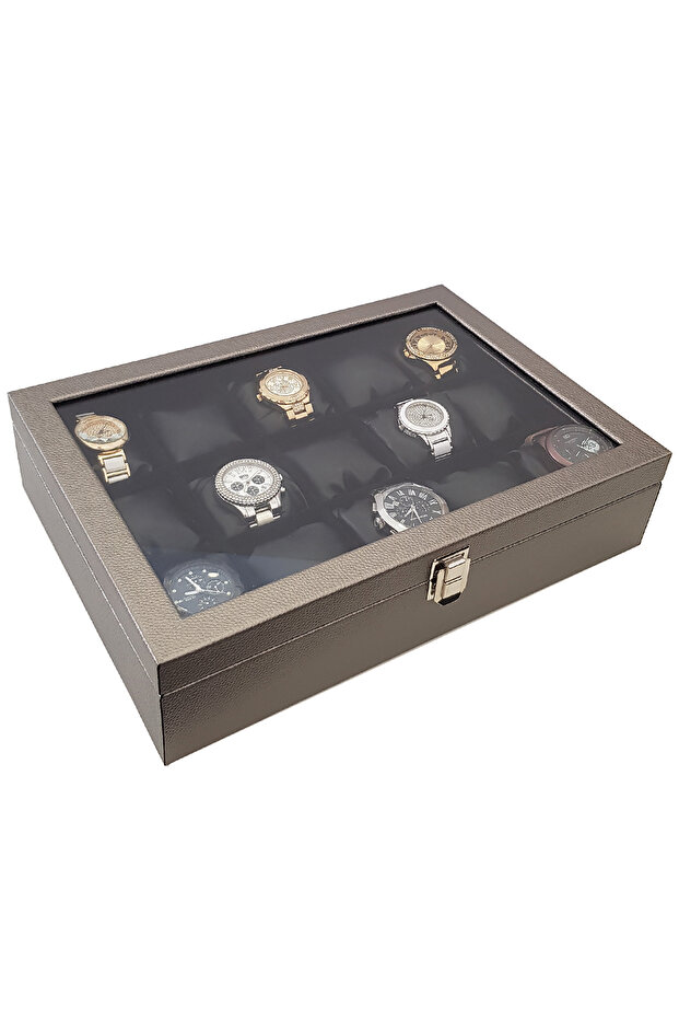 15 Diamond Gray Leather Wooden Glass Watch Box St15-59