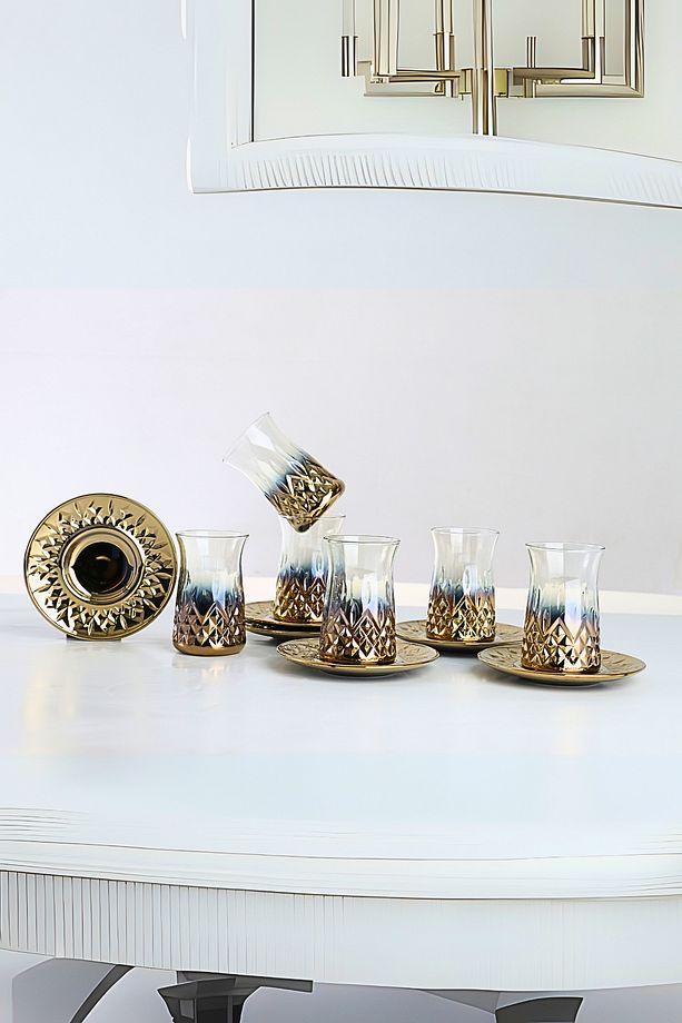 6 Kişilik 12 Parça Titanyum Gold Kaplama Çay Bardağı Seti Çay Takımı Makine Yıkama Garantili - 2